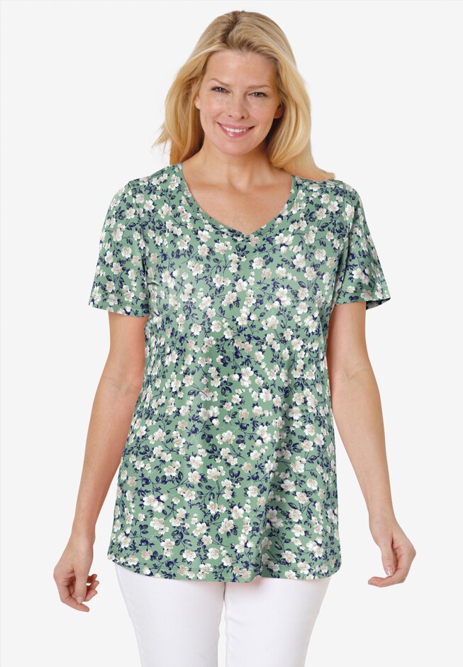 Perfect Printed Short-Sleeve V-Neck Tee | Woman Within