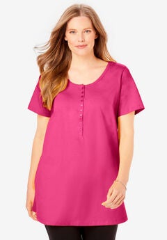 Perfect Short-Sleeve Scoop-Neck Henley Tunic