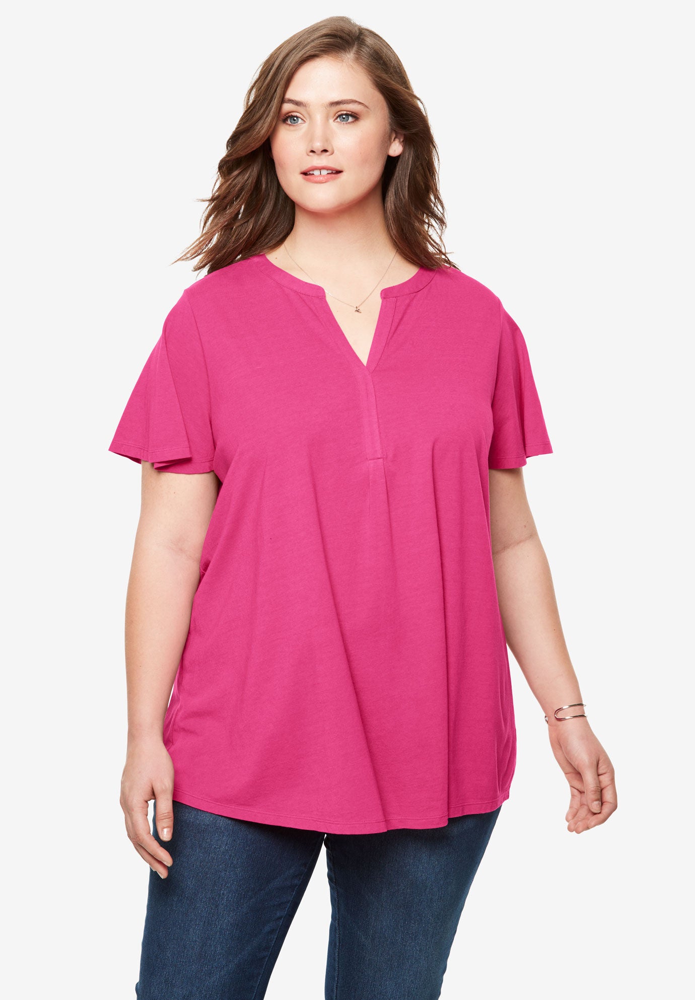 Woman Within Womens Plus Size Notch Neck Flutter Sleeve Tee