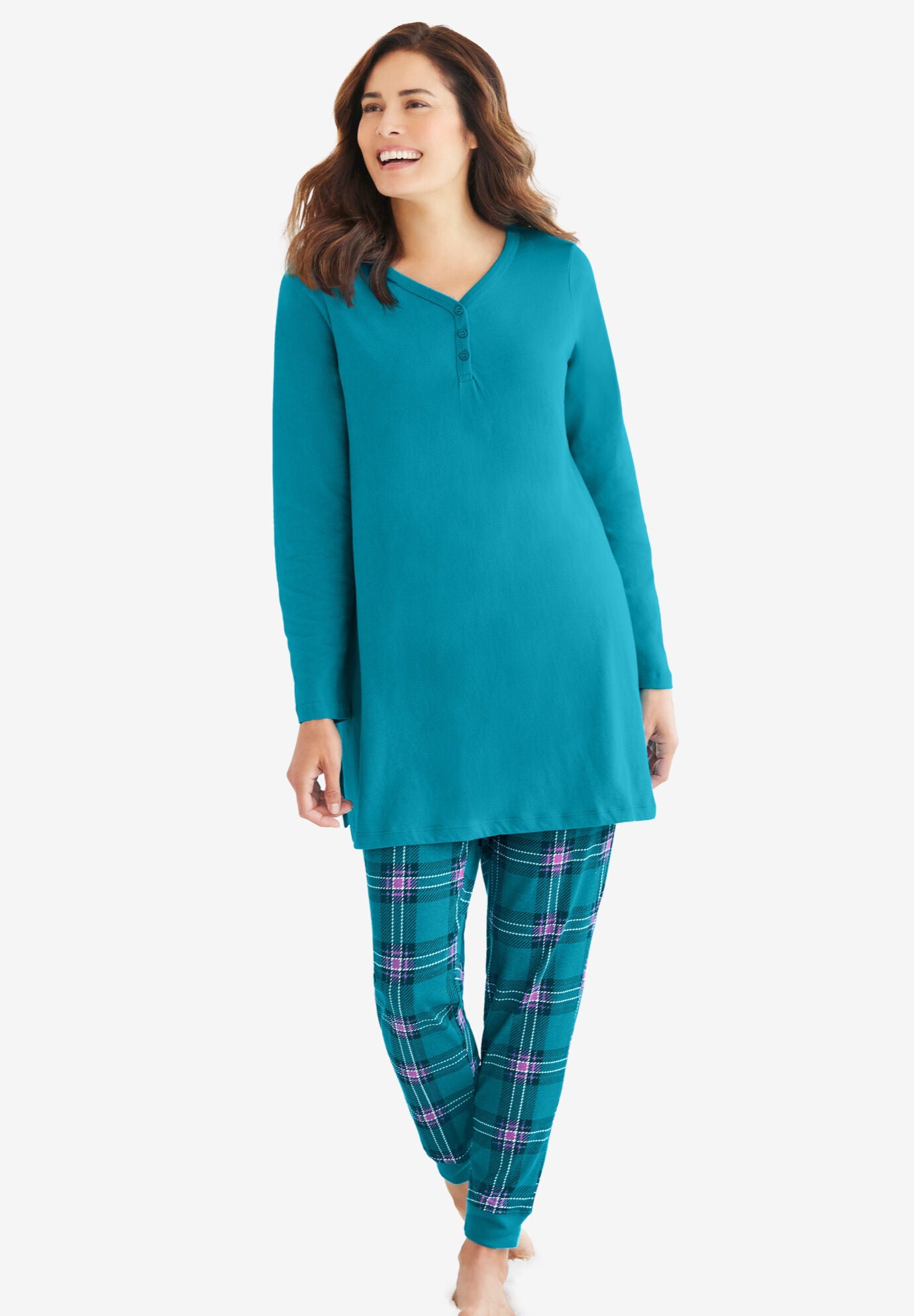 Henley Tunic Jogger PJ Set Cozy Sleepwear Dark Turq Plaid