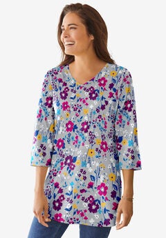 Perfect Printed Three-Quarter-Sleeve V-Neck Tunic