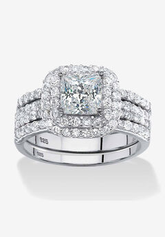 Platinum Over Sterling Silver Cubic Zirconia Halo 3-Piece Bridal Set