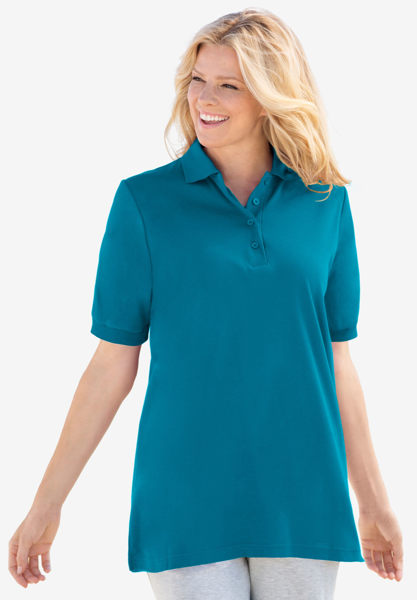 Woman Within Women's Plus Size Elbow-Sleeve Polo Shirt 