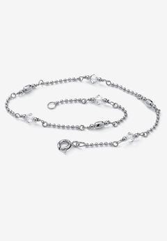 Platinum Plated Silver Ankle Bracelet (2Mm), Round Simulated Birthstone 11 Inches