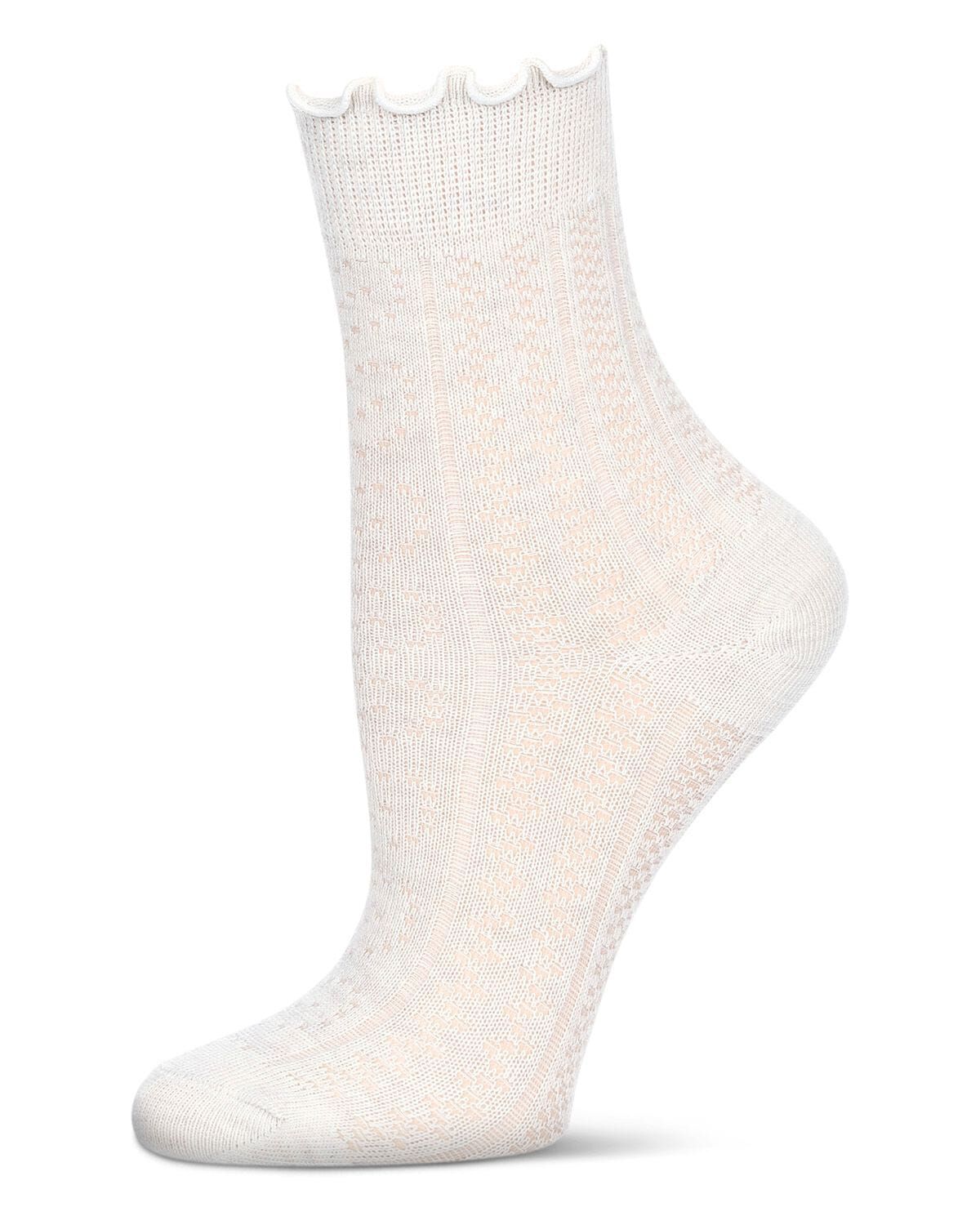 Women's Heart Ruffle Cuff Pointelle Crew Socks, WHITE, hi-res image number 0