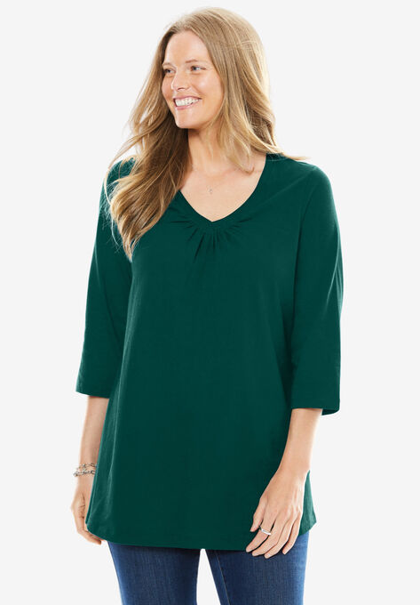 Perfect Three-Quarter Sleeve Shirred V-Neck Tee, EMERALD GREEN, hi-res image number null