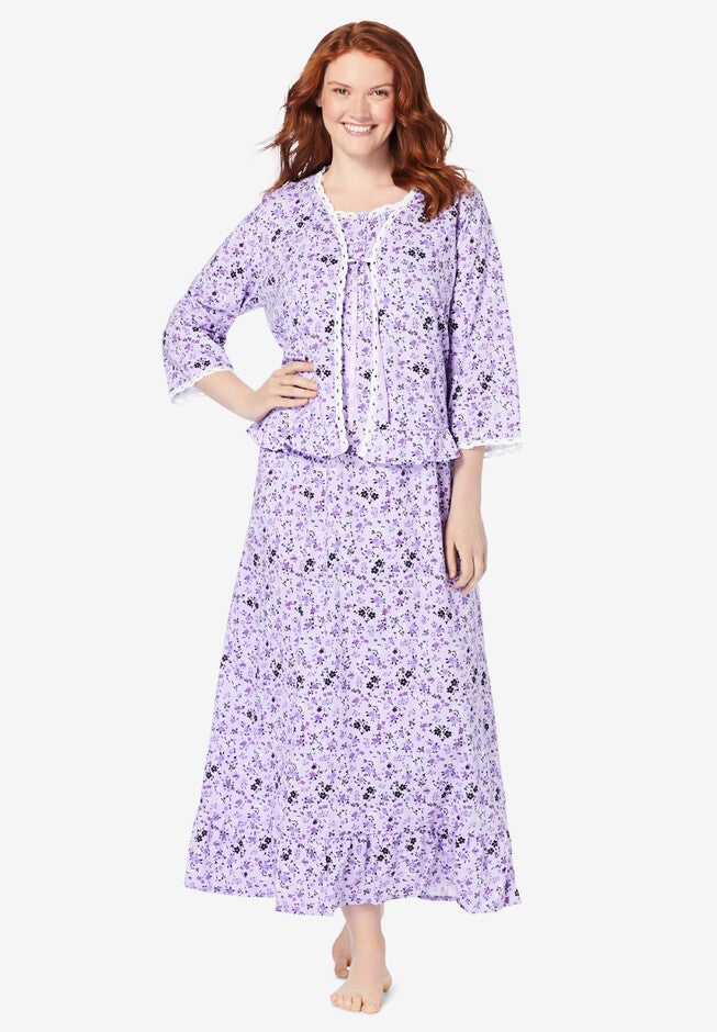 Line Set Sleep Jacket Nightgown & Bed Jacket Set - Cotton Sleepwear, Evening Blue Daisy ...
