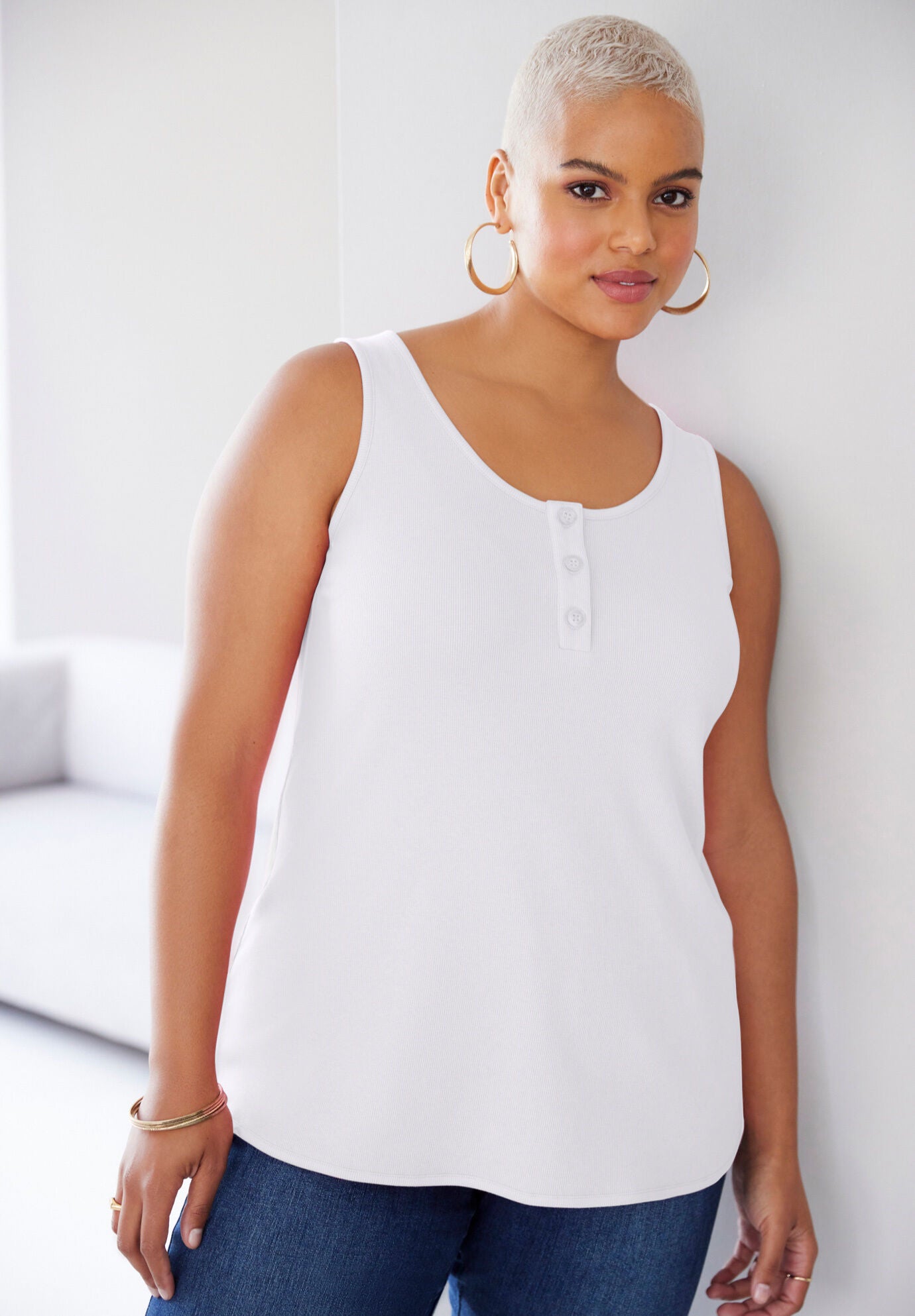 Sleeveless Henley Tank, WHITE, hi-res image number 0