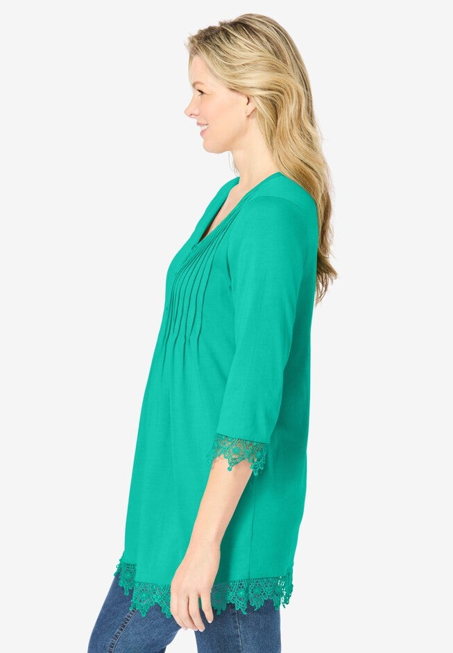 Pintuck Henley Crochet Trim Tunic, PRETTY JADE, alternate image number null