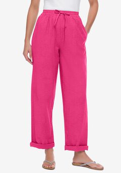 Seersucker Pull-on Elastic-Waist Pants