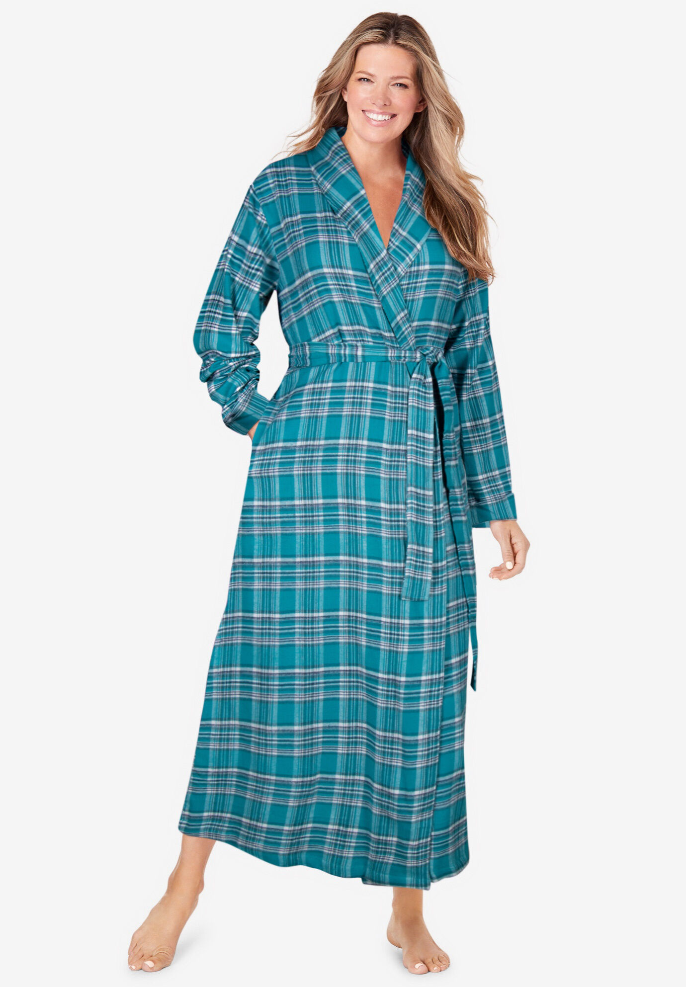 Deep Teal Womens Plus Size Sherpa-Lined Long Hooded Robe Robe 3X Dreams & Co 