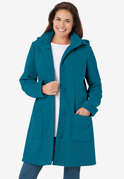 Hooded A-Line Fleece Coat, DEEP TEAL, hi-res image number null