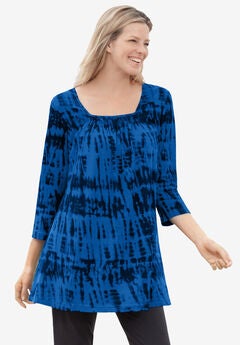Tie-Dye Smocked Square-Neck Tunic