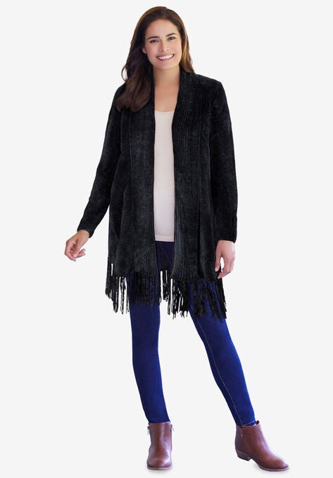 Chenille Fringed Cardigan, BLACK, hi-res image number null