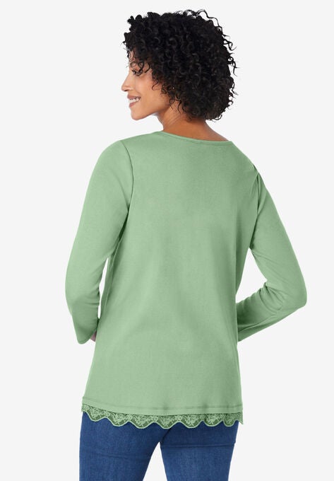 Ribbed Layered-Look Lace-Trim Tee, , on-hover image number null