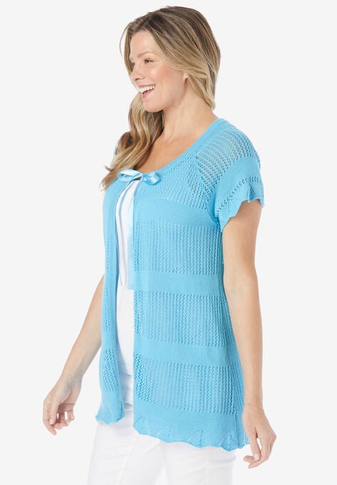 Tie-Neck Pointelle Cardigan Sweater, , alternate image number null