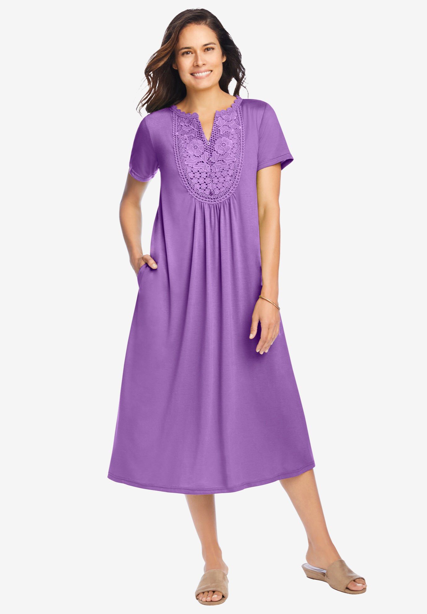 Embroidered Lace Bib Knit Dress, PRETTY VIOLET, hi-res image number 0