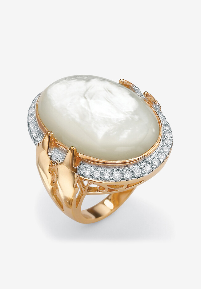 PalmBeach Jewelry .60 TCW Cubic Zirconia and Bezel-Set Oval-shaped Genuine Mother-of-Pearl Gold-Plated Ring