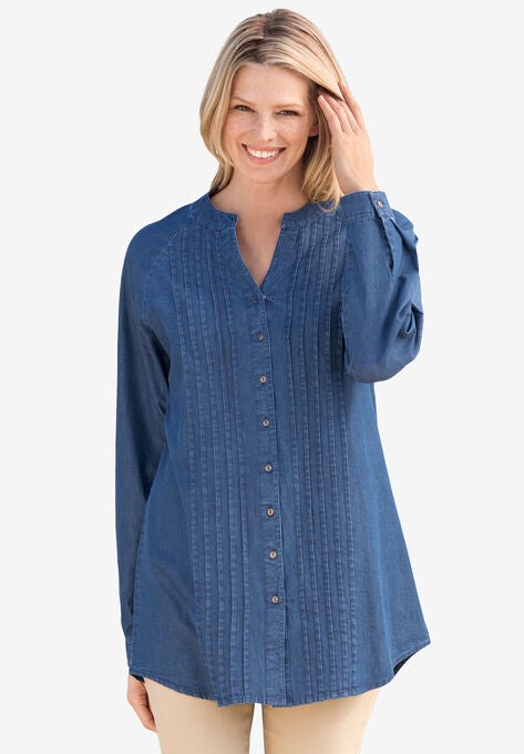 Denim Notch-Neck Pintuck Button-Front Tunic, MEDIUM STONEWASH, hi-res image number null