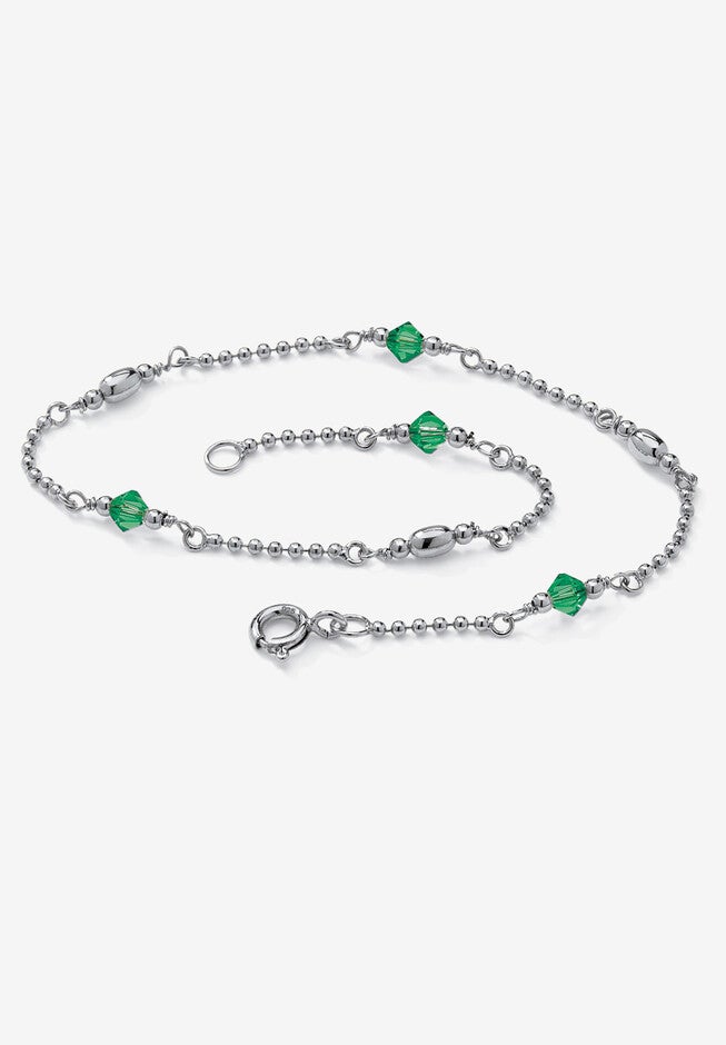 Platinum Plated Silver Ankle Bracelet (2Mm), Round Simulated Birthstone 11 Inches, MAY, hi-res image number 0