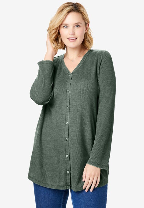 Button Front Washed Thermal, PINE, hi-res image number null