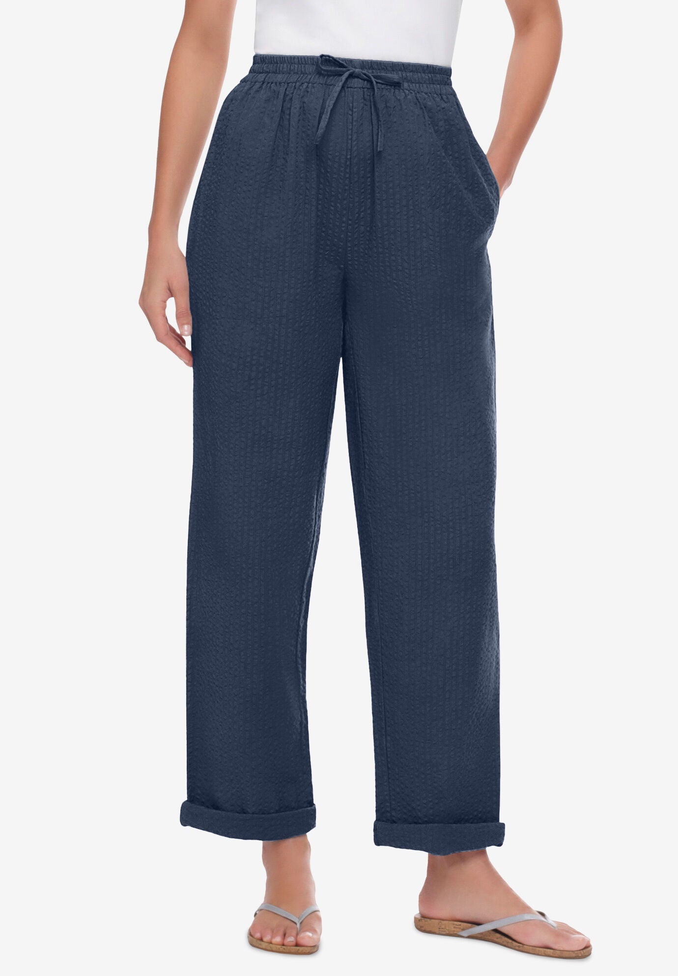 Seersucker Pant - Lightweight Elastic Waist, Navy | Woman Within Seersucker Pant - Lightweight Elastic Waist, Navy | Woman Within
