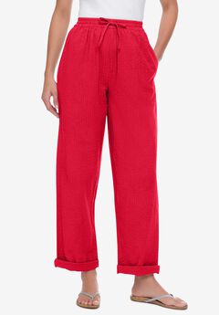 Seersucker Pull-on Elastic-Waist Pants