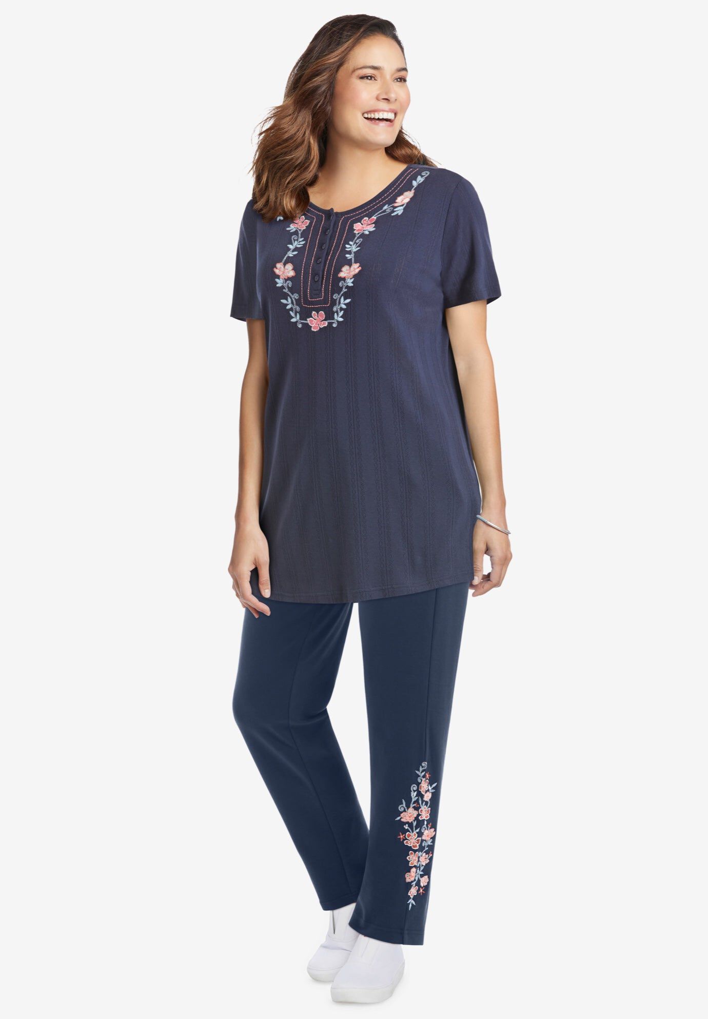 7-Day Knit Embroidered Straight-Leg Pull-On Pants