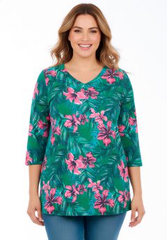 Perfect Printed Three-Quarter Sleeve V-Neck Tee