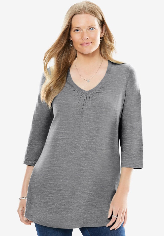 Perfect Three-Quarter Sleeve Shirred V-Neck Tee, MEDIUM HEATHER GREY, hi-res image number null