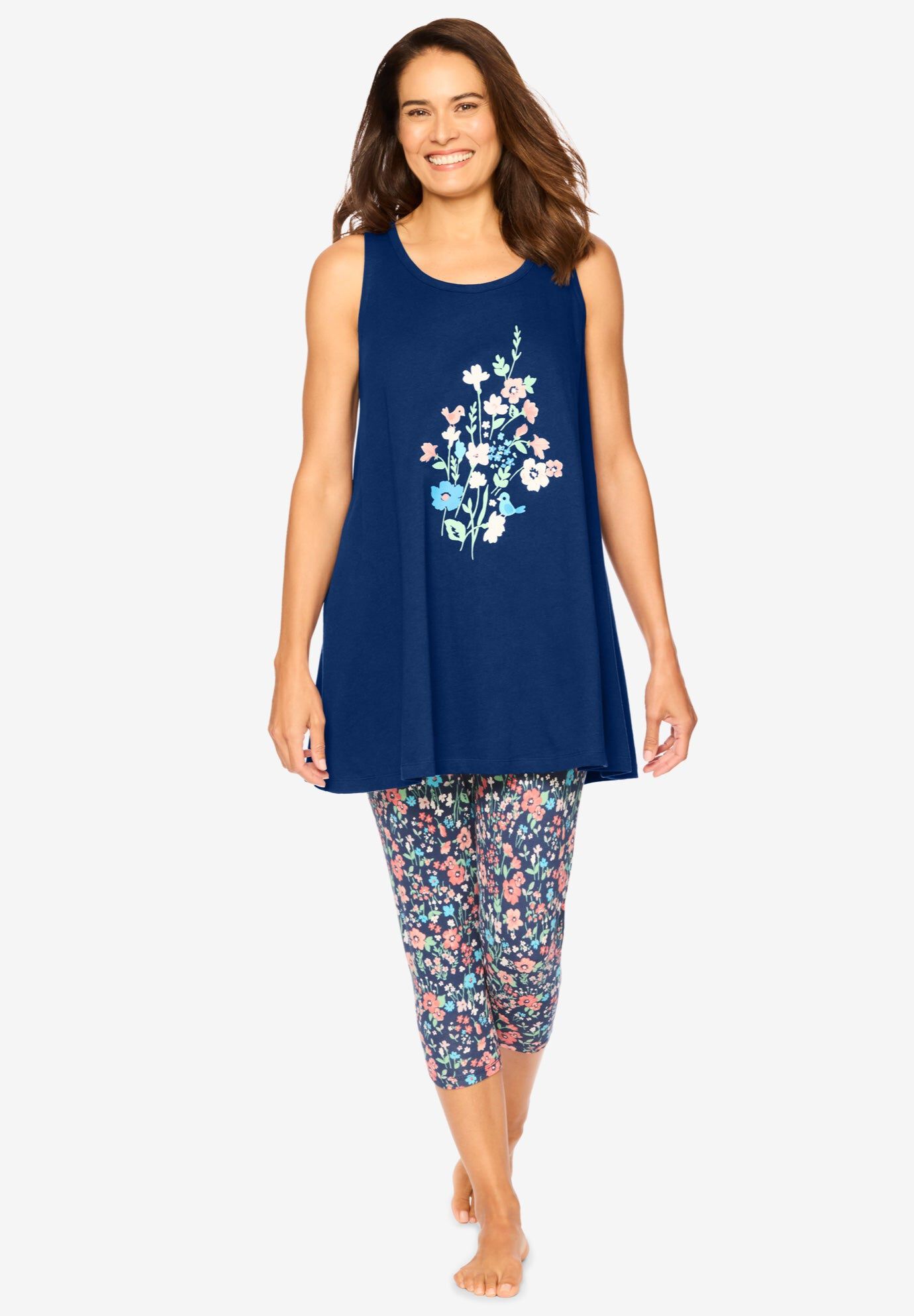 Scoopneck Tank & Capri Legging Pajama Set, Black Multi Hearts Woman