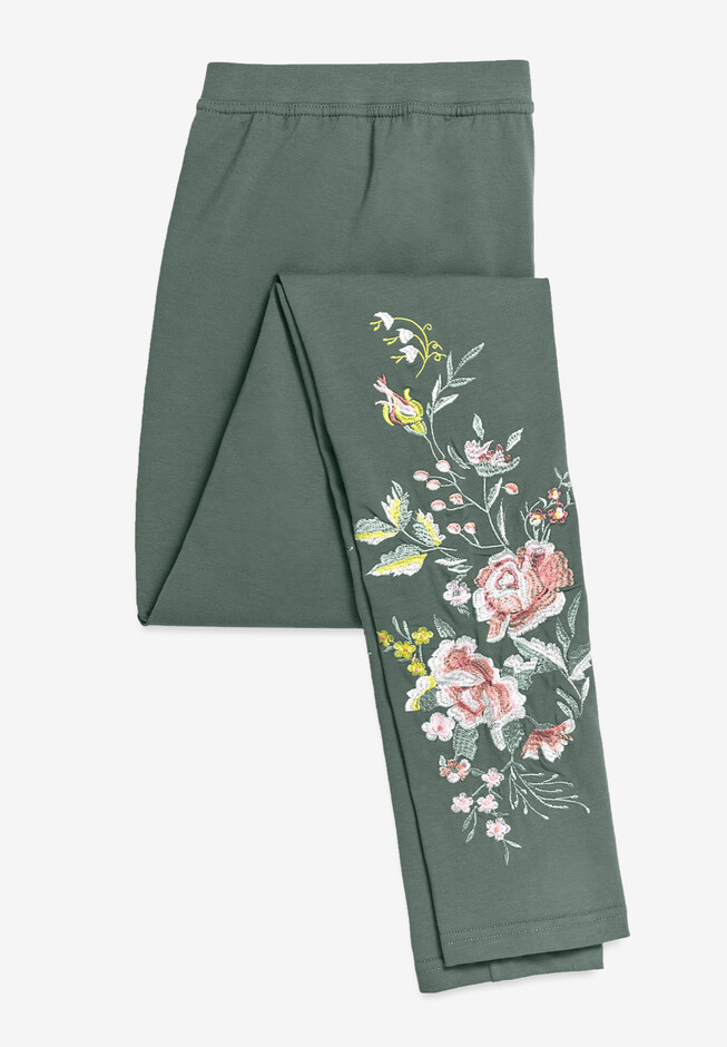 Embroidered Flower Applique Wide Waistband Leggings - Latest