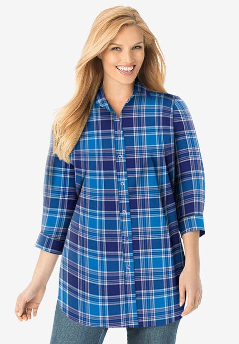 Perfect Three Quarter Sleeve Shirt, EVENING BLUE PRETTY PLAID, hi-res image number null