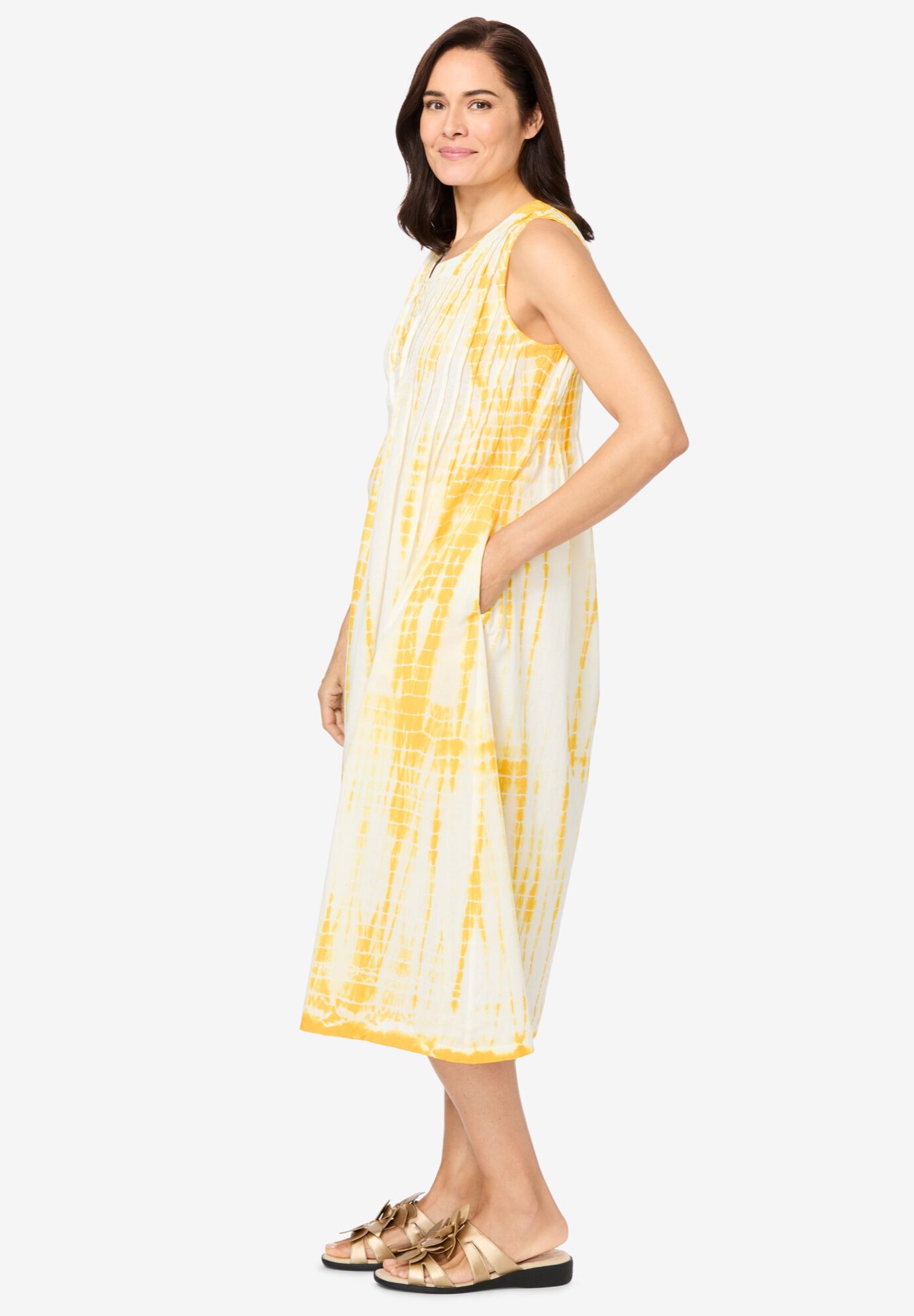 Sleeveless Pintuck Tie-Dye Dress, BRIGHT GOLD TIE DYE, alternate image number 2