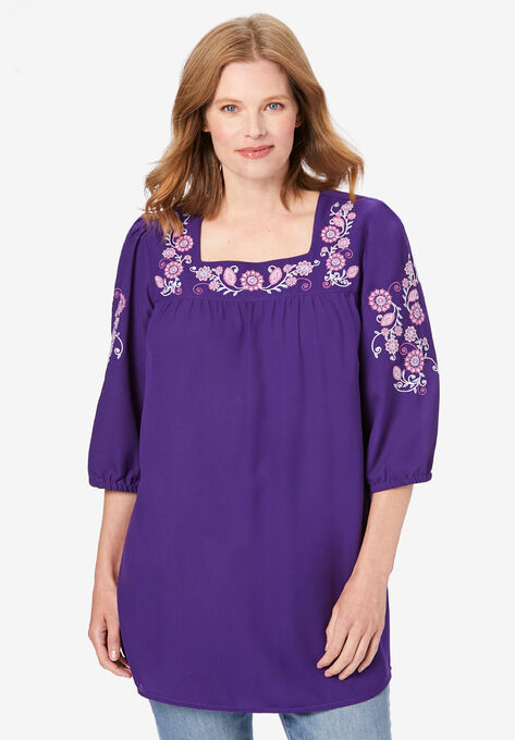 Embroidery Georgette Tunic, RADIANT PURPLE FLORAL VINE EMBROIDERY, hi-res image number null