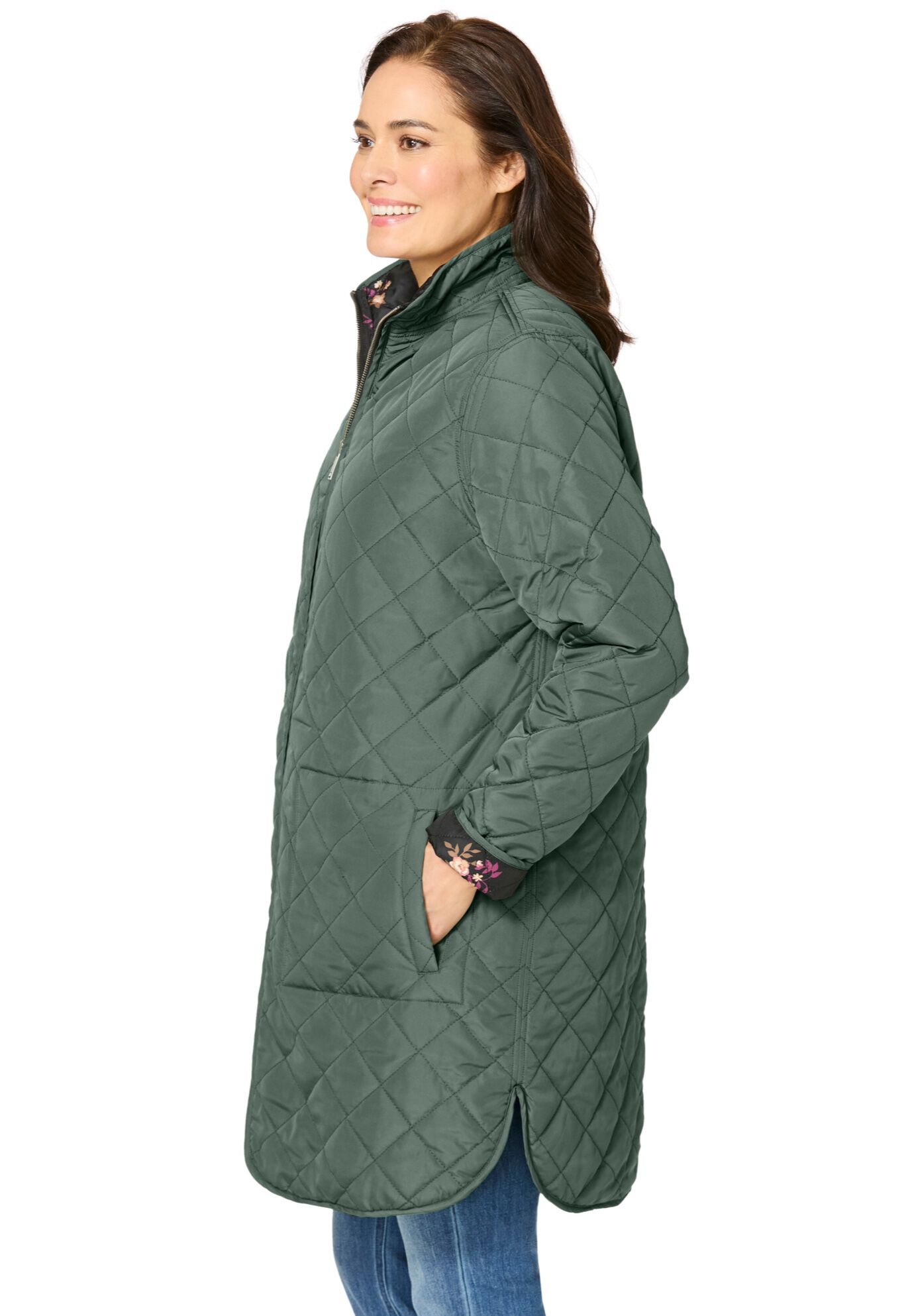 Reversible Quilted Barn Jacket, PINE BLACK PRAIRIE FLORAL, alternate image number 3
