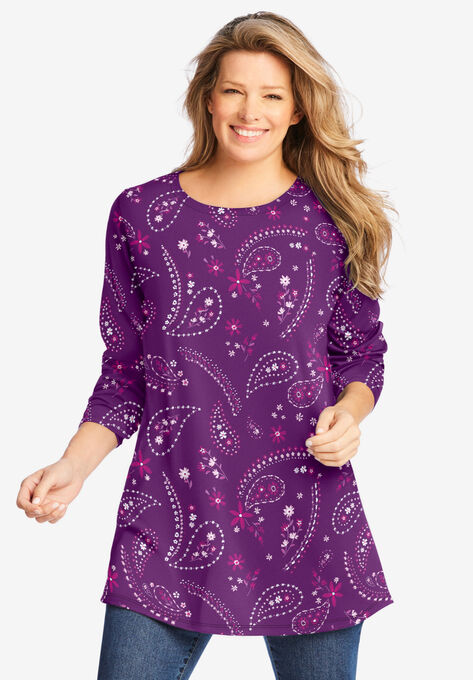 Perfect Long-Sleeve Crewneck Tunic, PLUM PURPLE FLORAL PAISLEY, hi-res image number null
