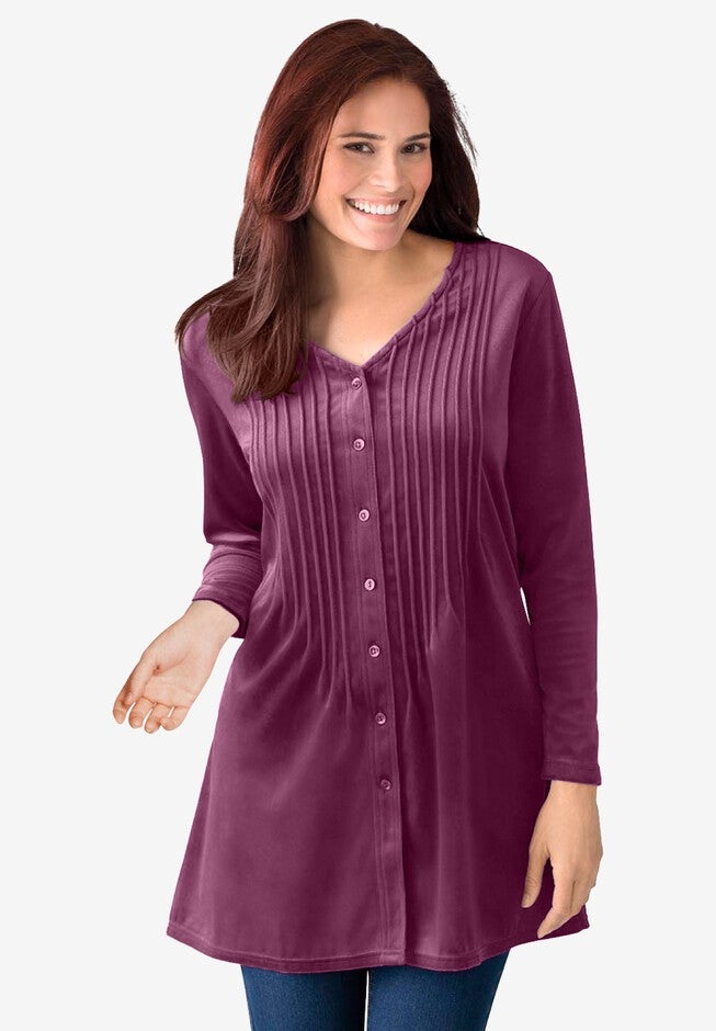 Knit velour tunic shirt in a comfortable A-line with pintucks, DEEP CLARET, hi-res image number 0