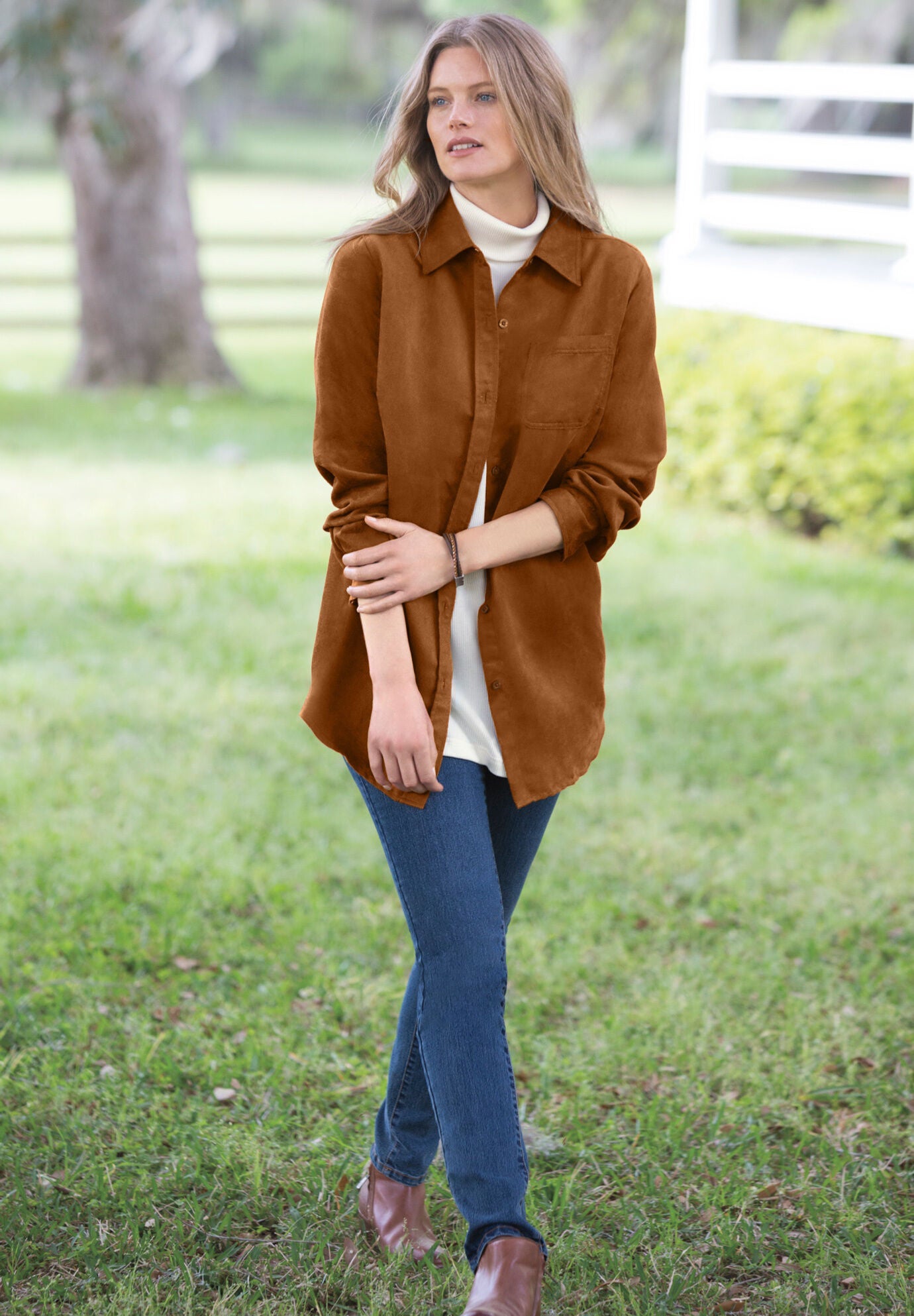 Velvety Soft Sueded Moleskin Shirt Tunic Length Honey Glaze Feathers Woman Within