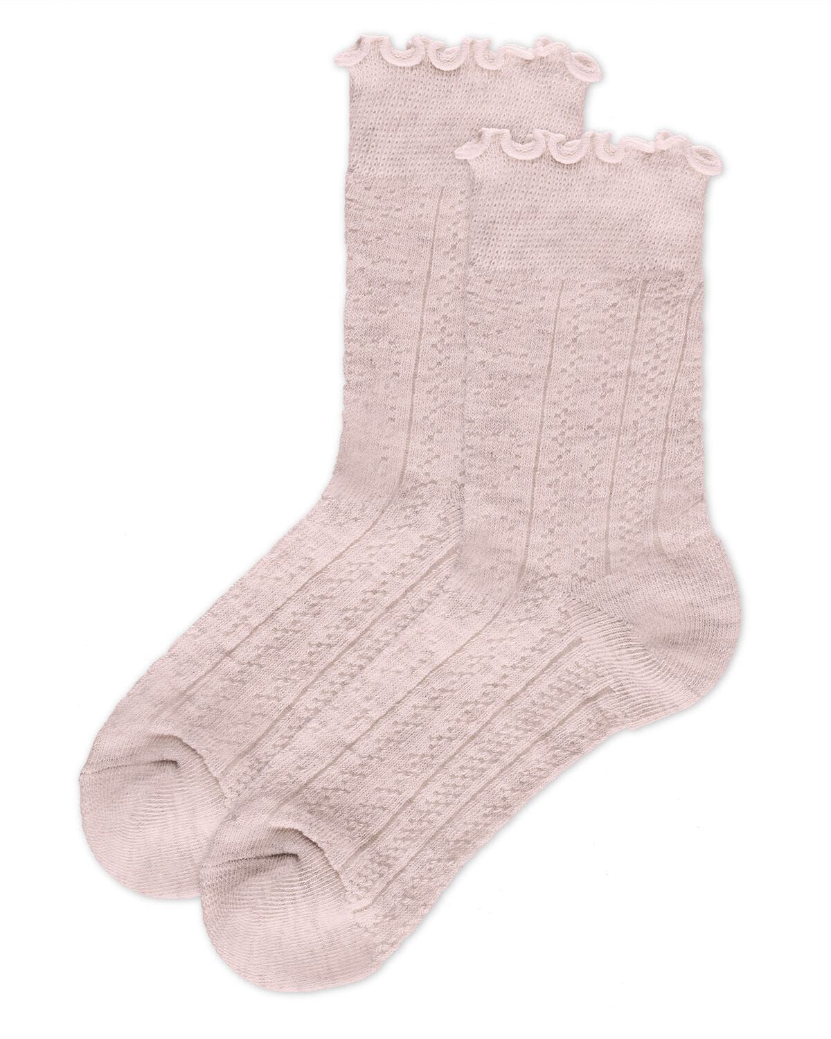 Women&#39;s Heart Ruffle Cuff Pointelle Crew Socks, PINK HEATHER, alternate image number 2