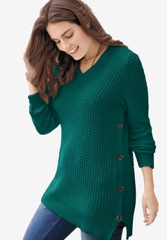Side Button V-Neck Waffle Knit Sweater