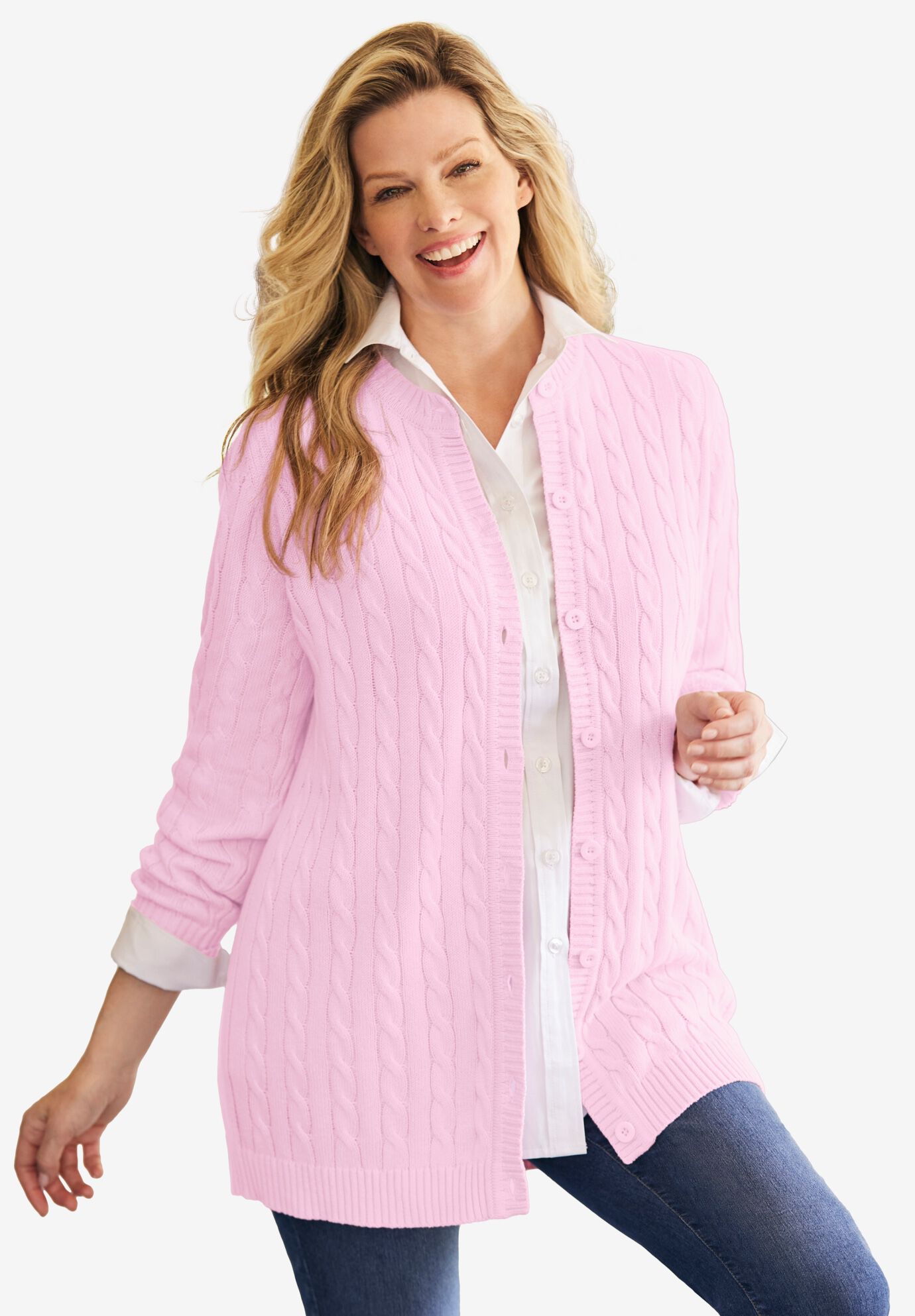 Cable Knit Cardigan Sweater - Pure Cotton, Evening Blue | Woman Within