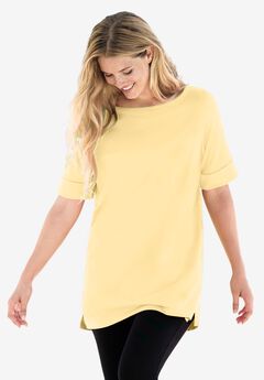 Perfect Cuffed Elbow-Sleeve Boat-Neck Tee