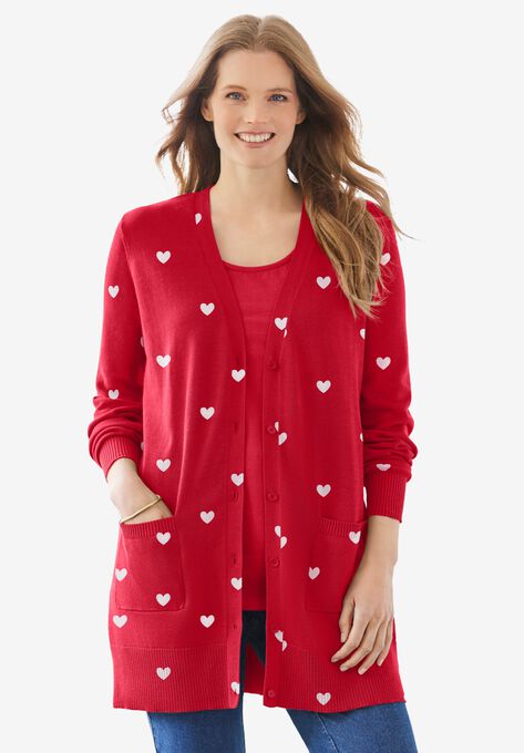 Longer-Length Cotton Cardigan, CLASSIC RED HEART, hi-res image number null
