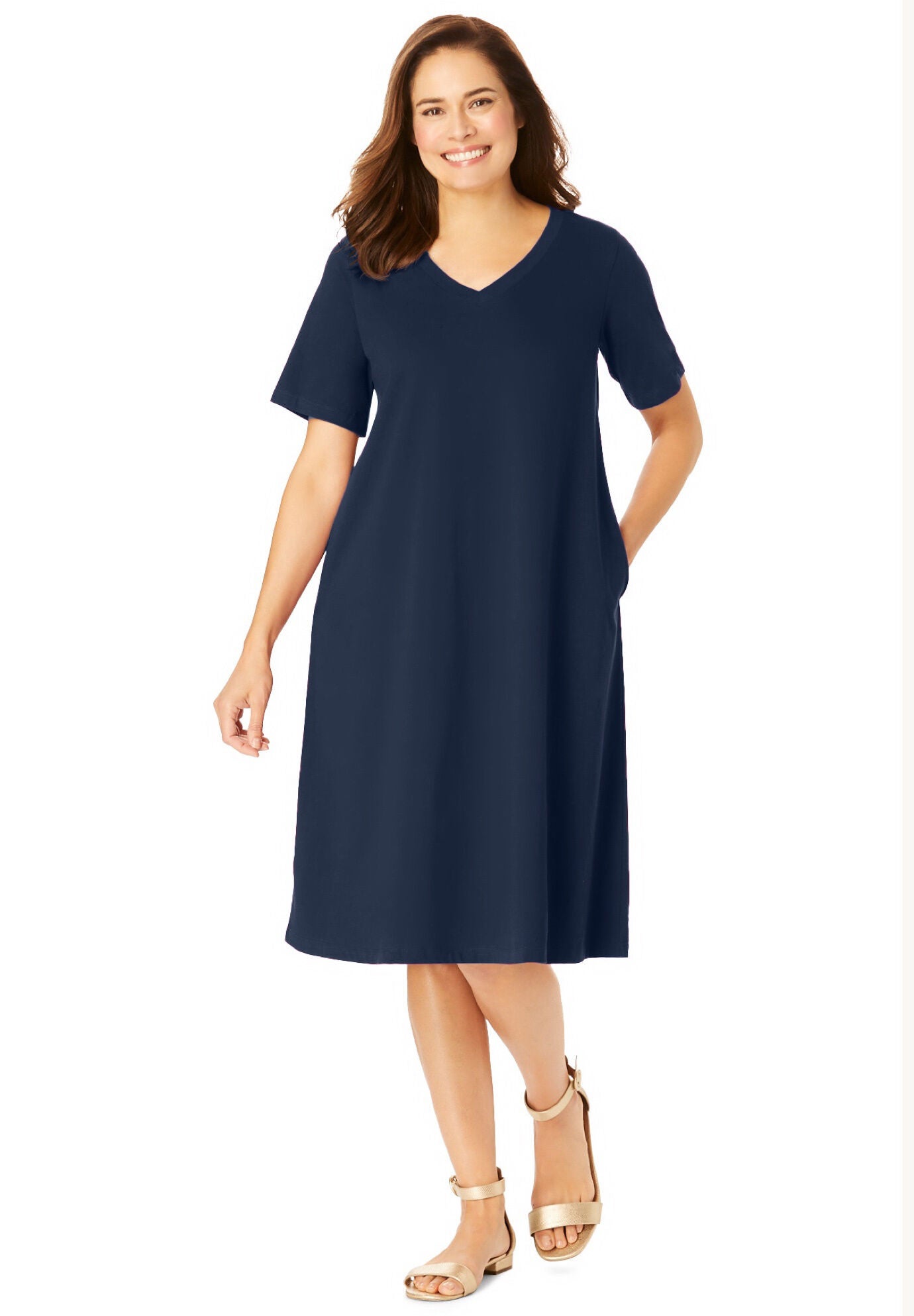 Women's  V-Neck Short Sleeve Dress - Navy - Plus