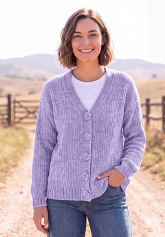 Chenille Flower-Button Sweater Cardigan