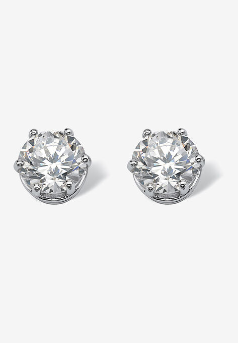 Round Cubic Zirconia Stud Earrings in Platinum over Silver (8.5mm), SILVER, hi-res image number null