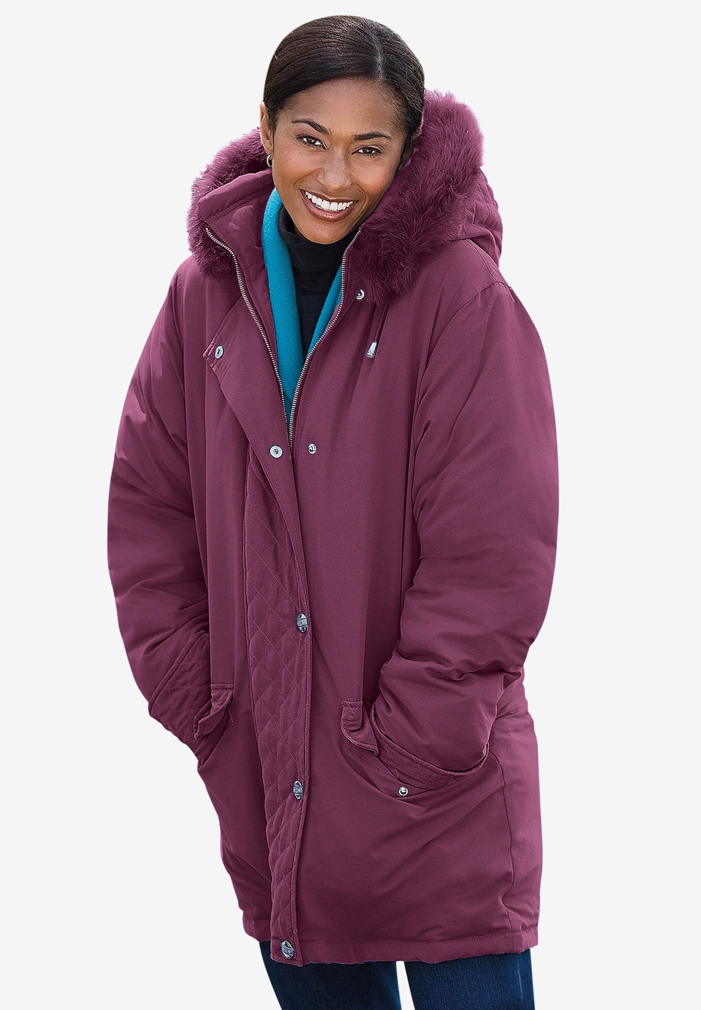 Faux Fur Down Parka Coat, DEEP CLARET