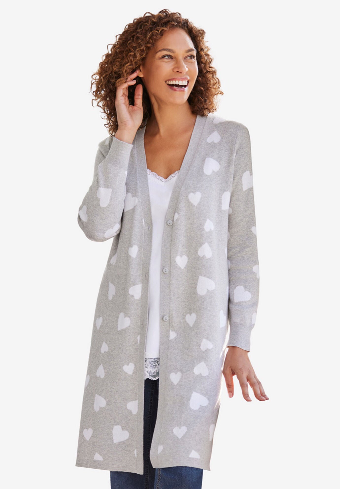 Woman within top short sleeve cardigan