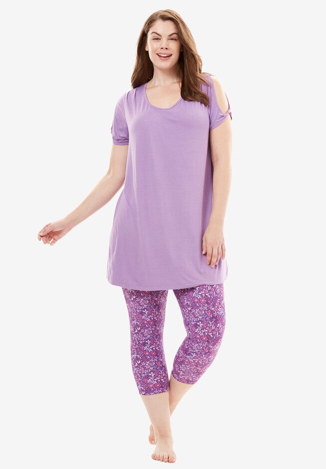 Cold Shoulder Capri PJ Set by Dreams & Co.®, ROYAL GRAPE FLORAL, hi-res image number null